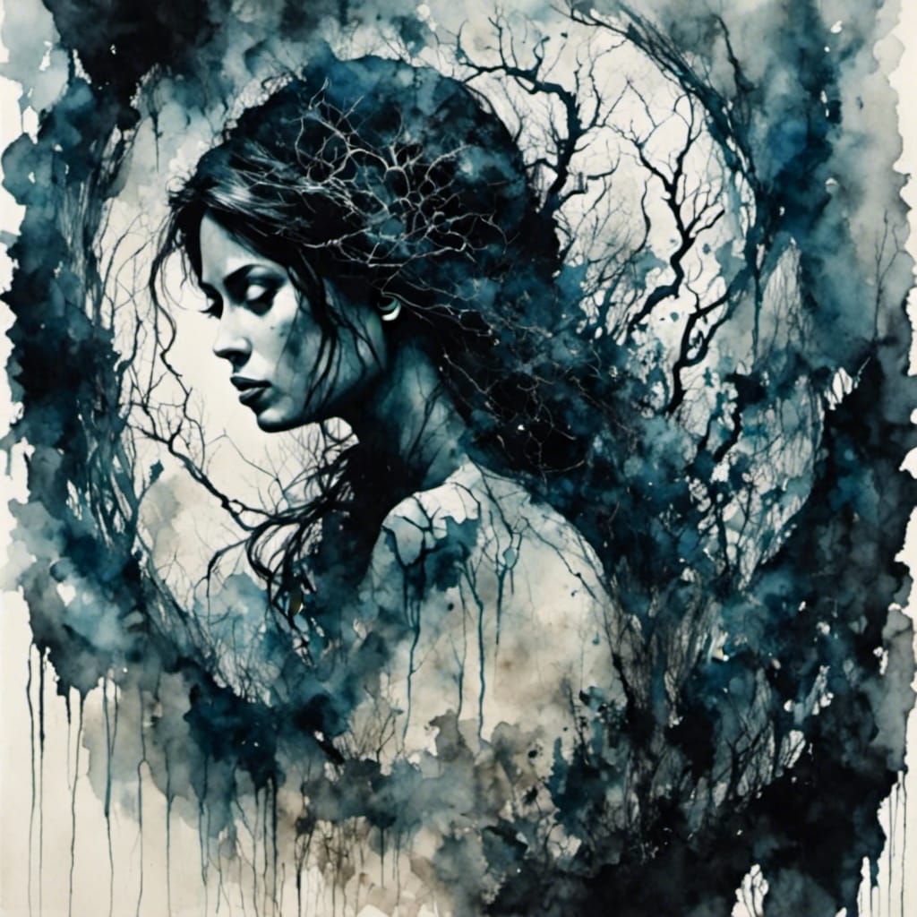 Skeletal Descent: Antique Watercolor Horror Scene