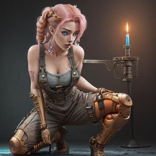 Steampunk Mechanic Girl Repairs Motorcycle