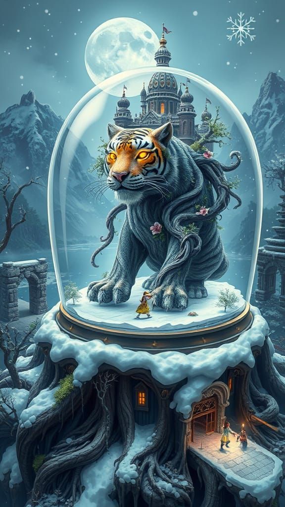 Magical Crystal Palace with Bioluminescent Root Tiger