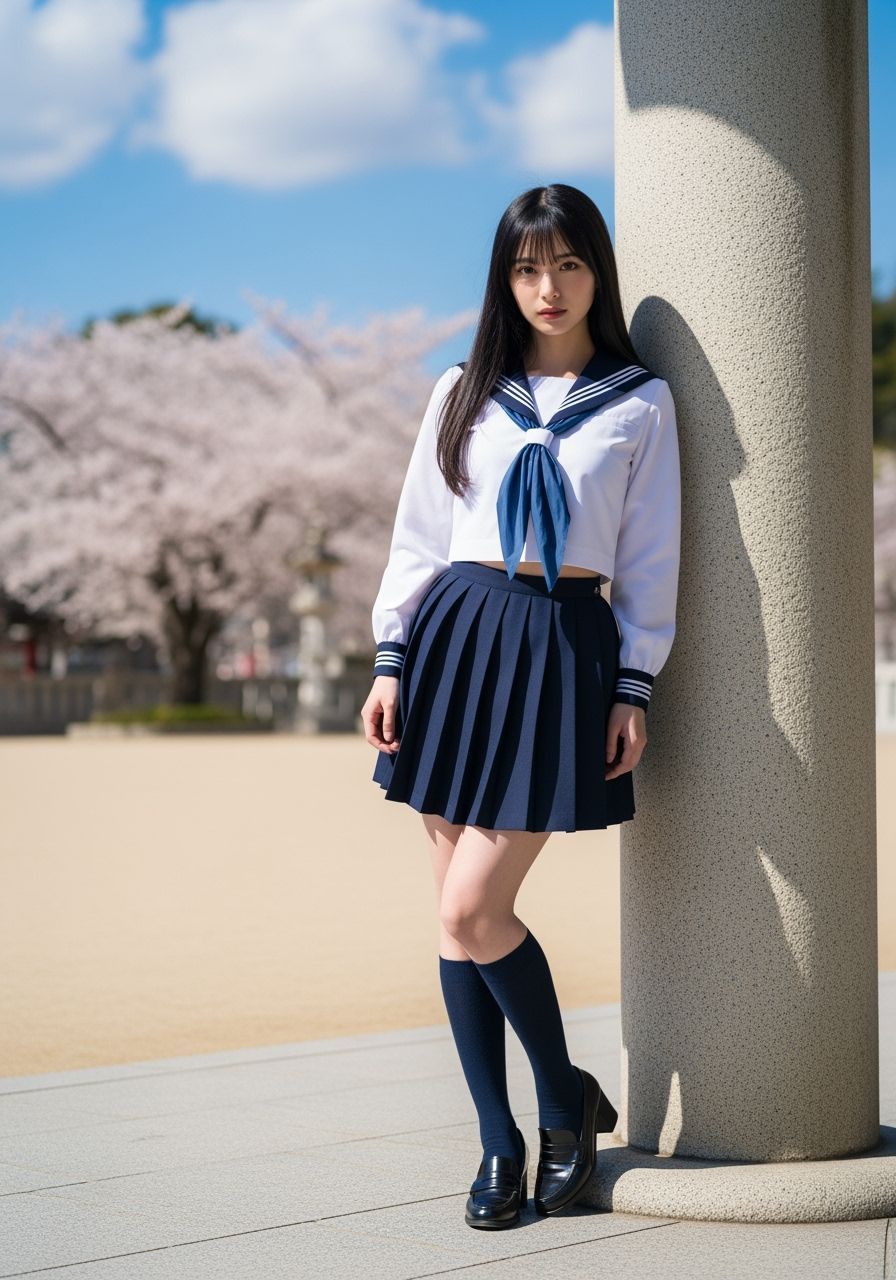 Japanese Woman in Sailor Uniform at Shrine with Cherry Bloss...