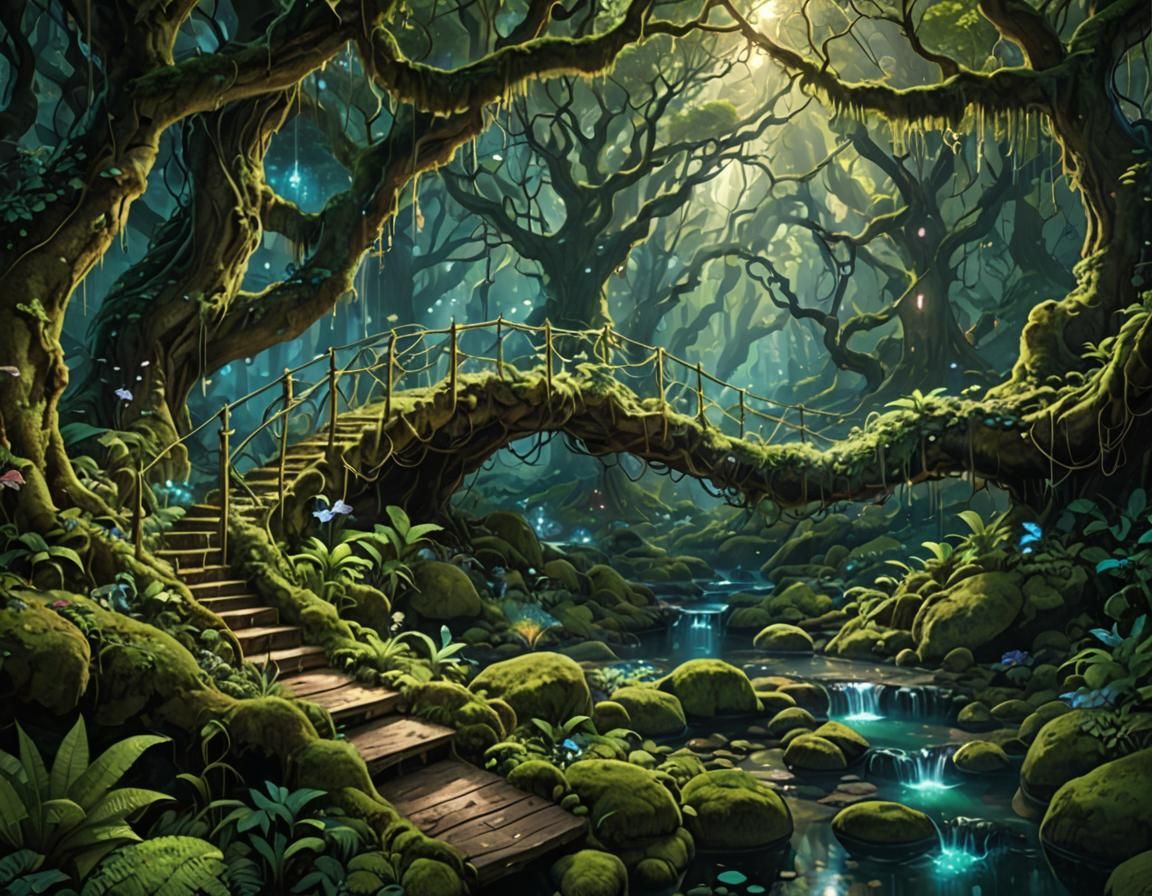Enchanted Forest with Bioluminescent Flora and Magical Creat...
