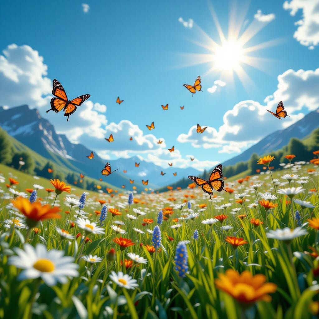 Butterflies Over Wildflower Meadow In Detailed Matte Paintin...