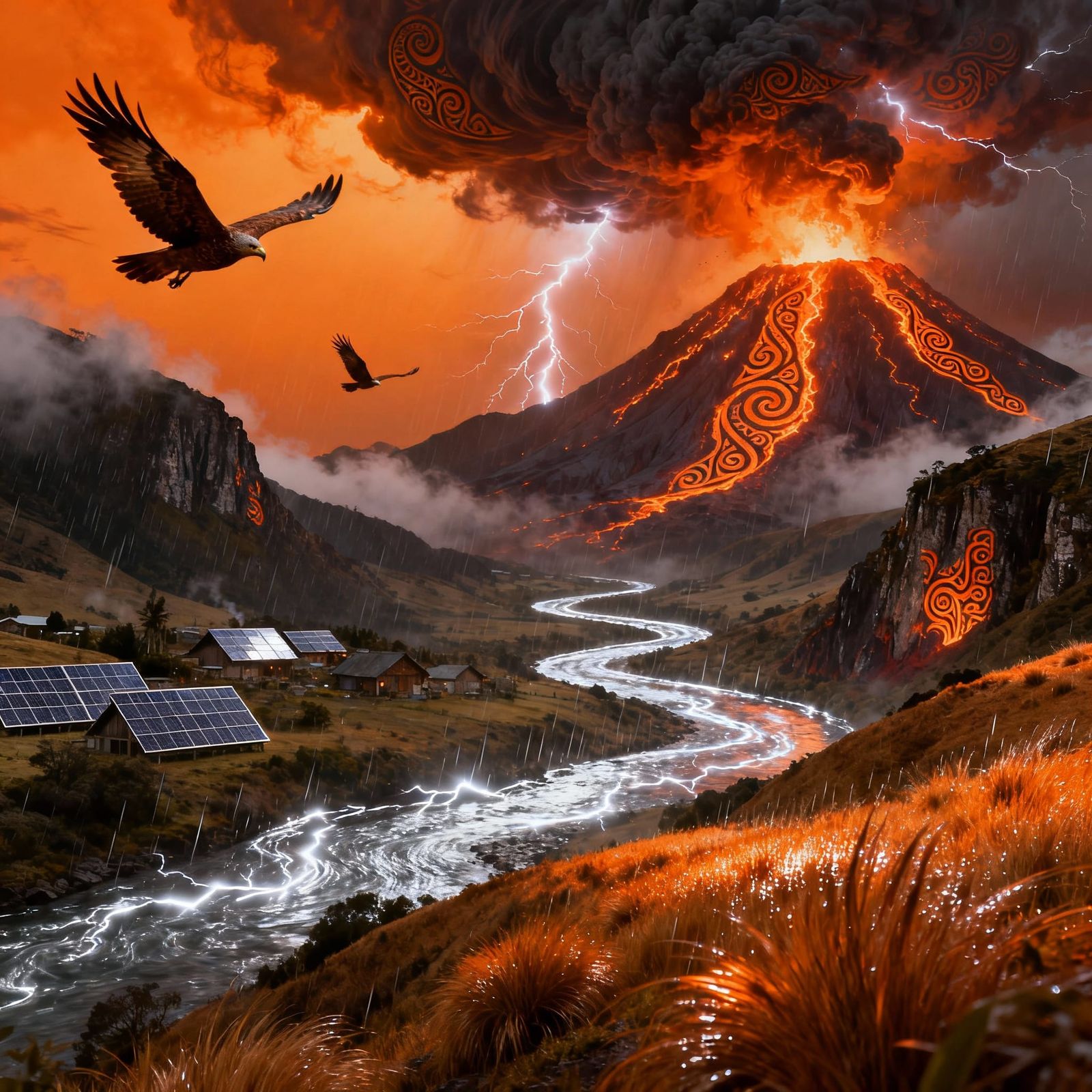 Dramatic Aotearoa Valley Under Fiery Orange Storm