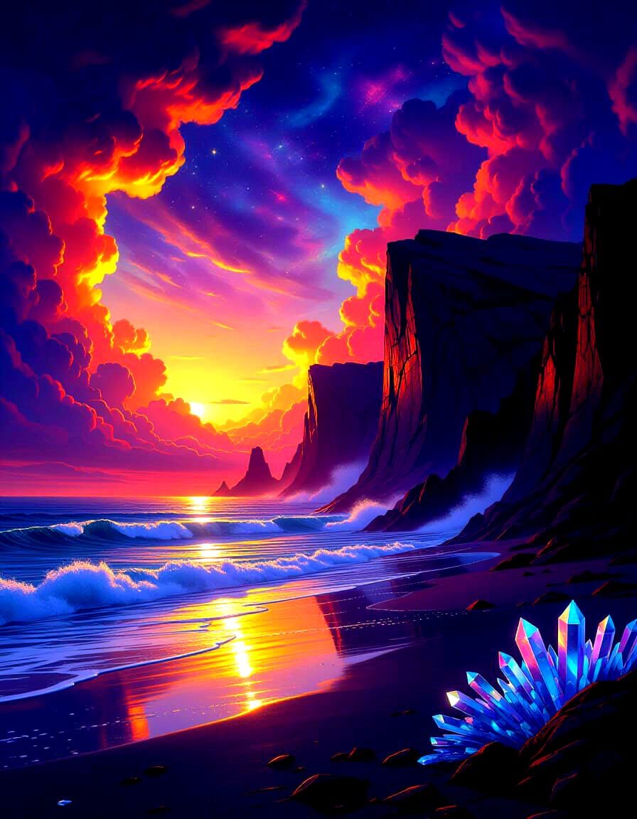 Alien Coastline with Crystal Forests and Nebula Sky