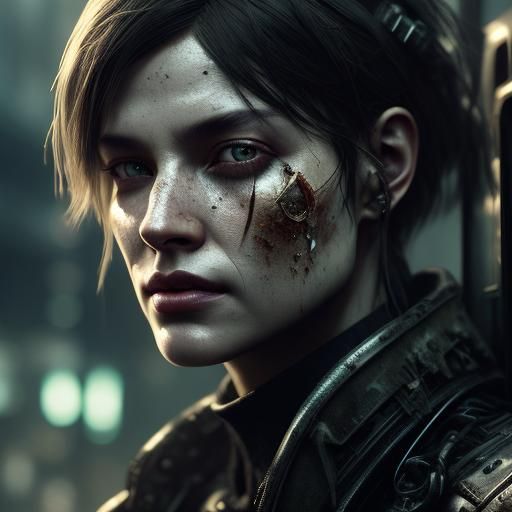 close-up portrait of A damaged android through a desolate post-apocalyptic dystopian partially overgrown and flooded fil...