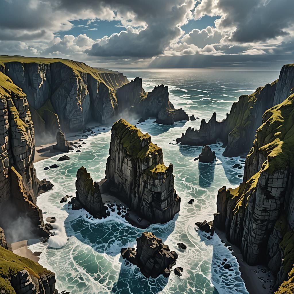 Imagine a dramatic coastal landscape with towering cliffs th...