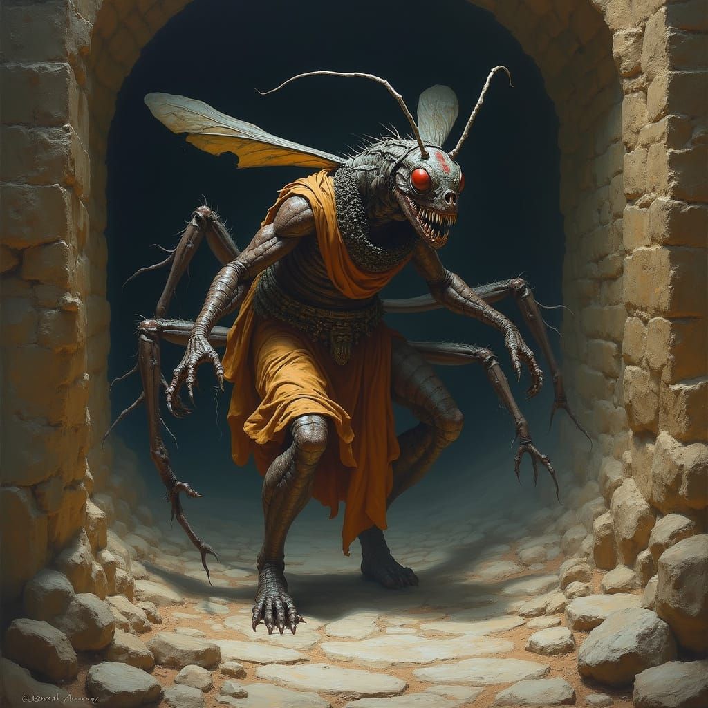 Terrifying Wasp Hybrid Rampage in Hades: Realistic Oil Paint...