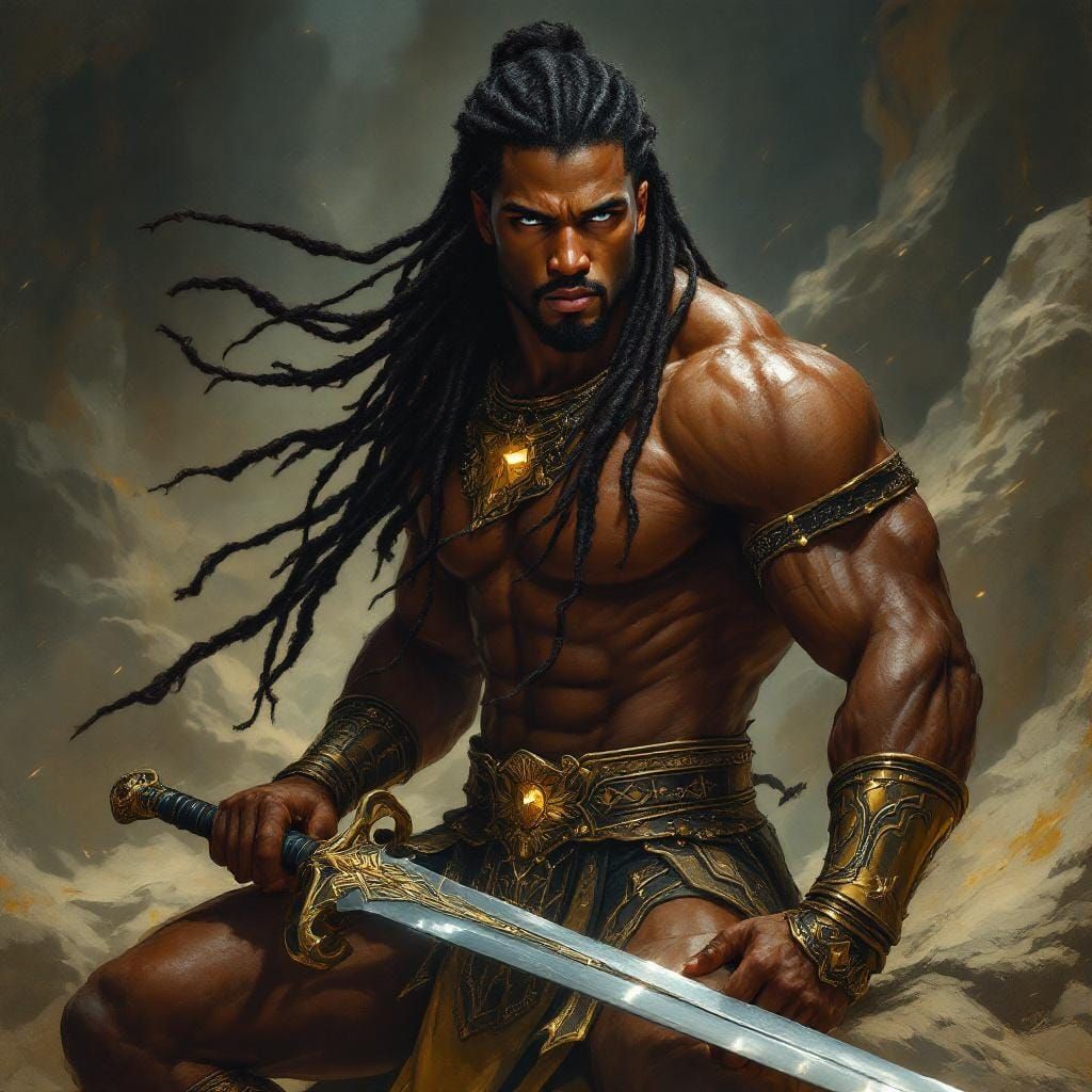 Black Warrior God in Golden Armor, Cinematic Style