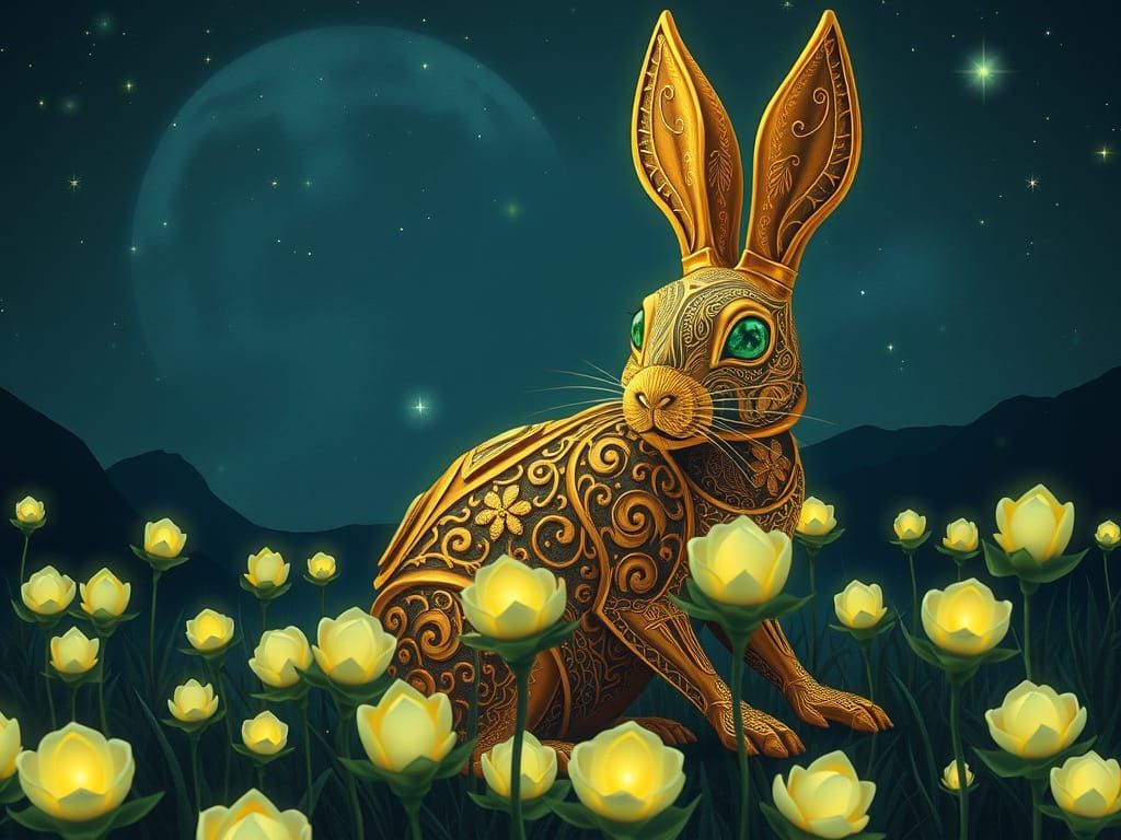 Golden Mystical Rabbit with Emerald Eyes in Starry Field
