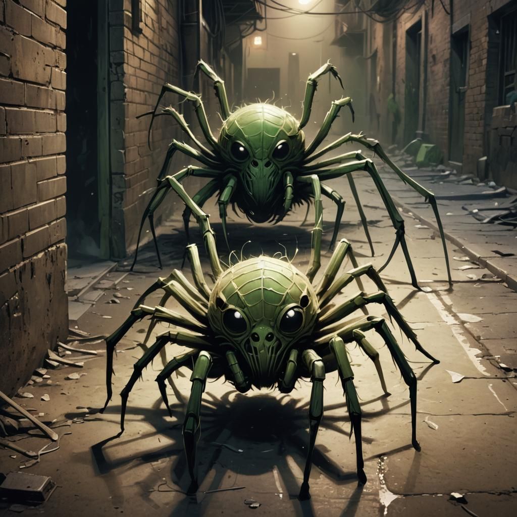 Sci-Fi Ear Creature and Spider in Dystopian Alleyway