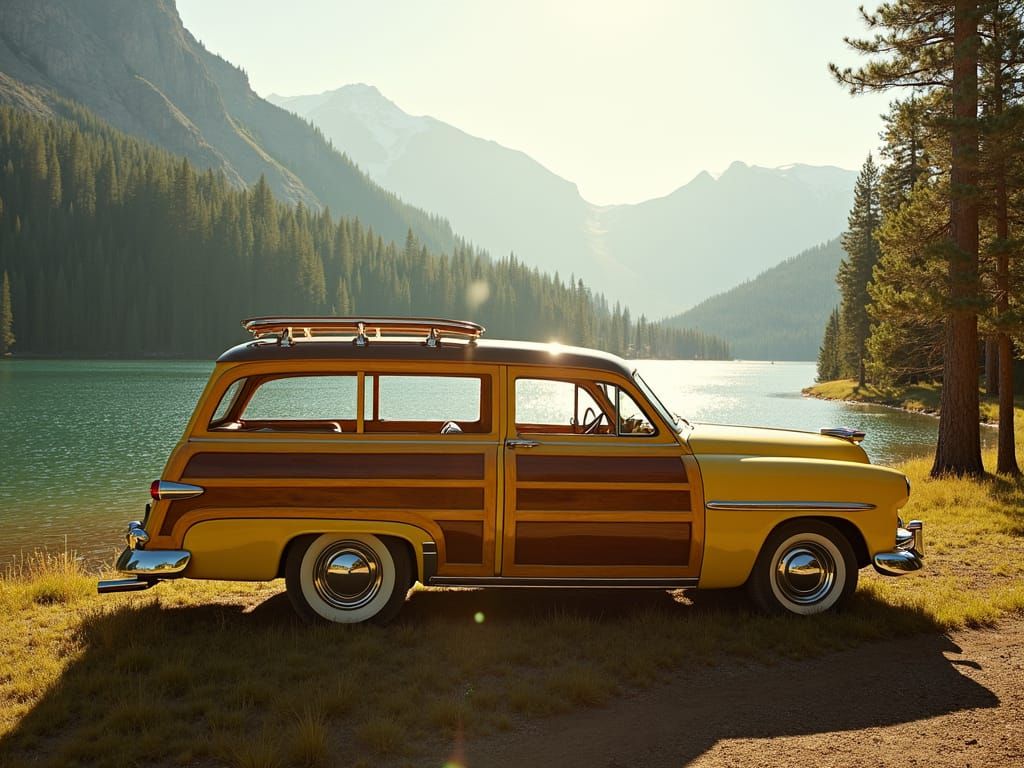 1950s Mercury Woody Wagon in Yellowstone Landscape