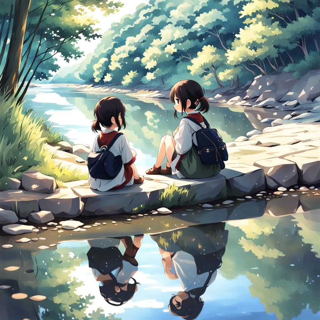 Girl and Reflection: Anime-Inspired River Scene