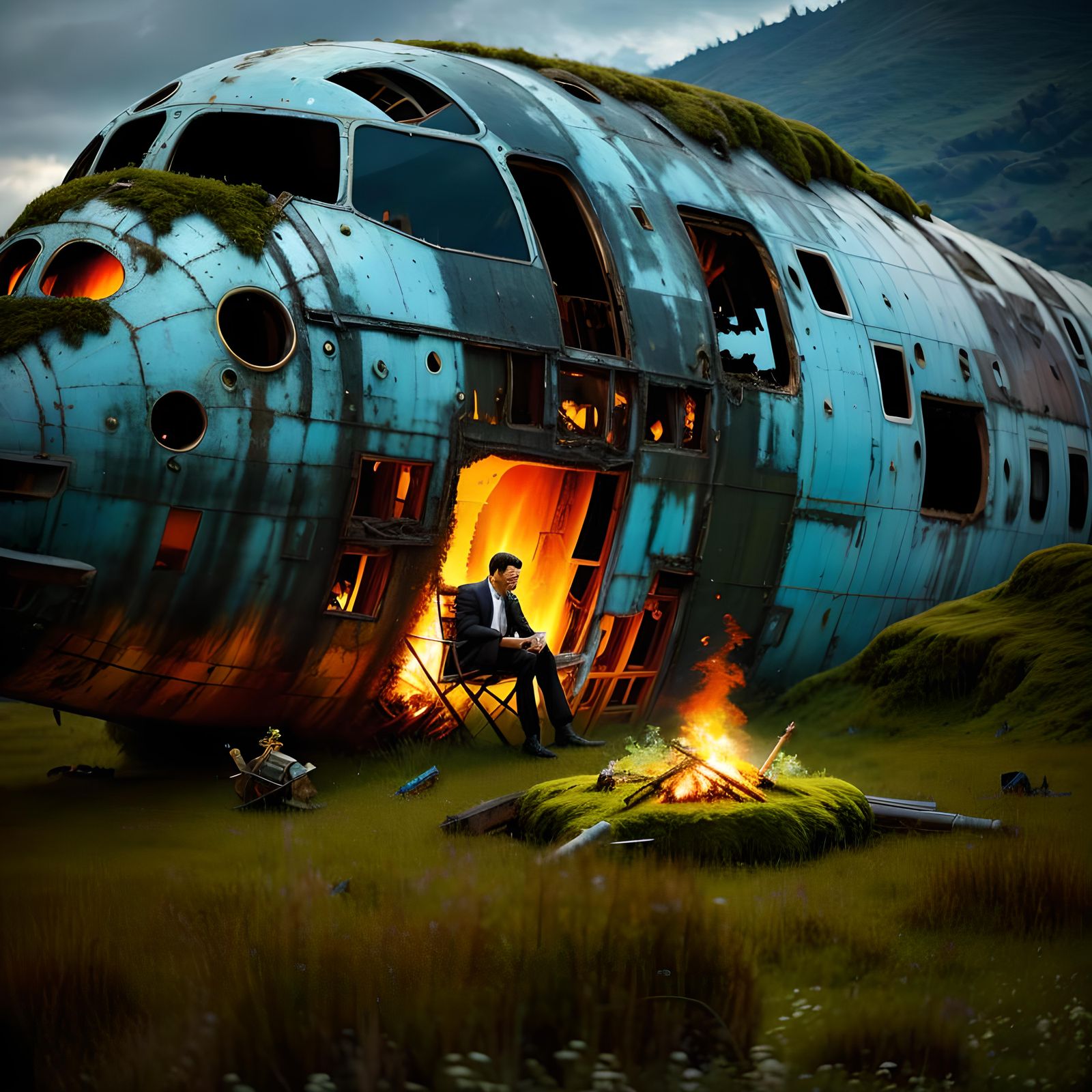 Surreal Ruined Airliner in Mossy Meadow
