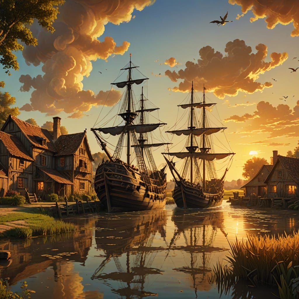 Baroque Pirate Ship Near Farmhouse in Golden Light