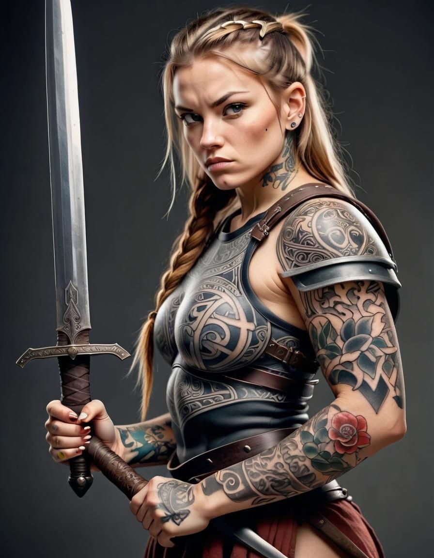 Viking Female Warrior with Sword and Tattoo