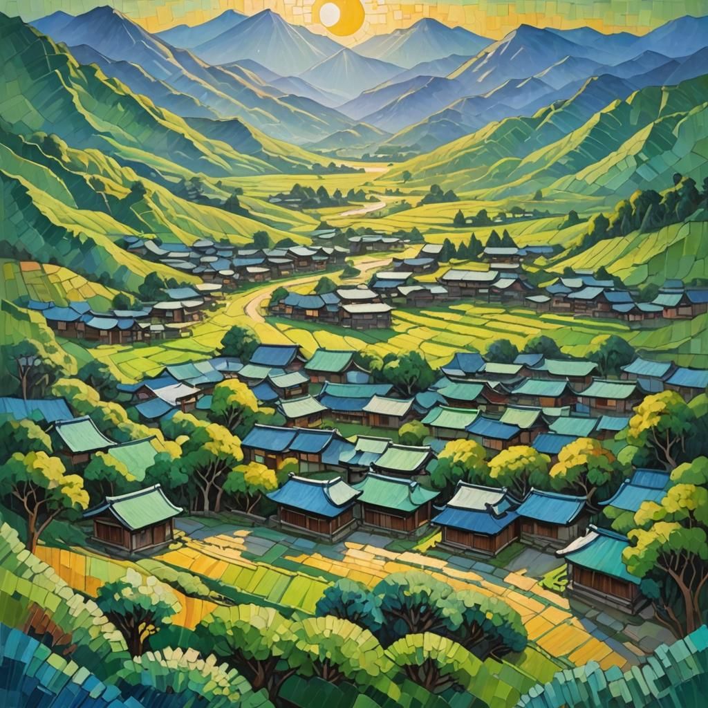 wide shot of an old japanese village.  The sun peers into th...