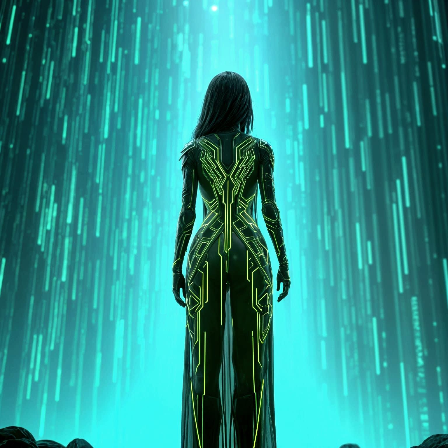 Woman Gazing at Cyberpunk Sky in Luminescent Colors