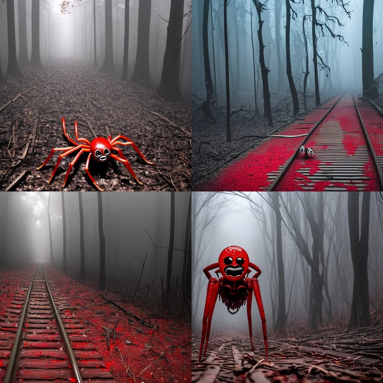 Horrific Red Spider Train in Rainy Forest