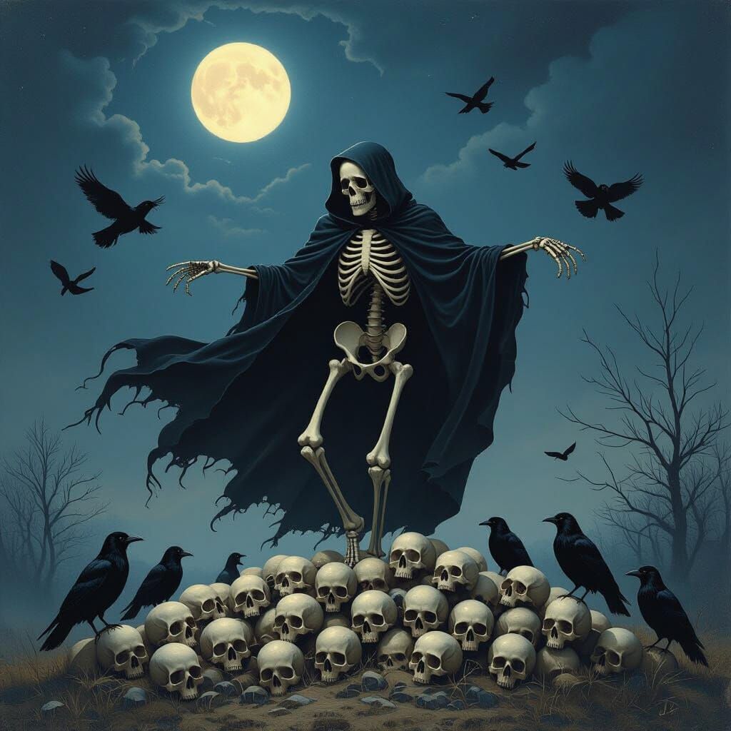 Skeleton Dancing in the Moonlight: A Surreal Horror Scene