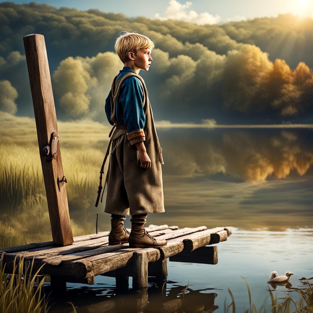 Boy Shepherd on Stilts in Hyperrealistic Style