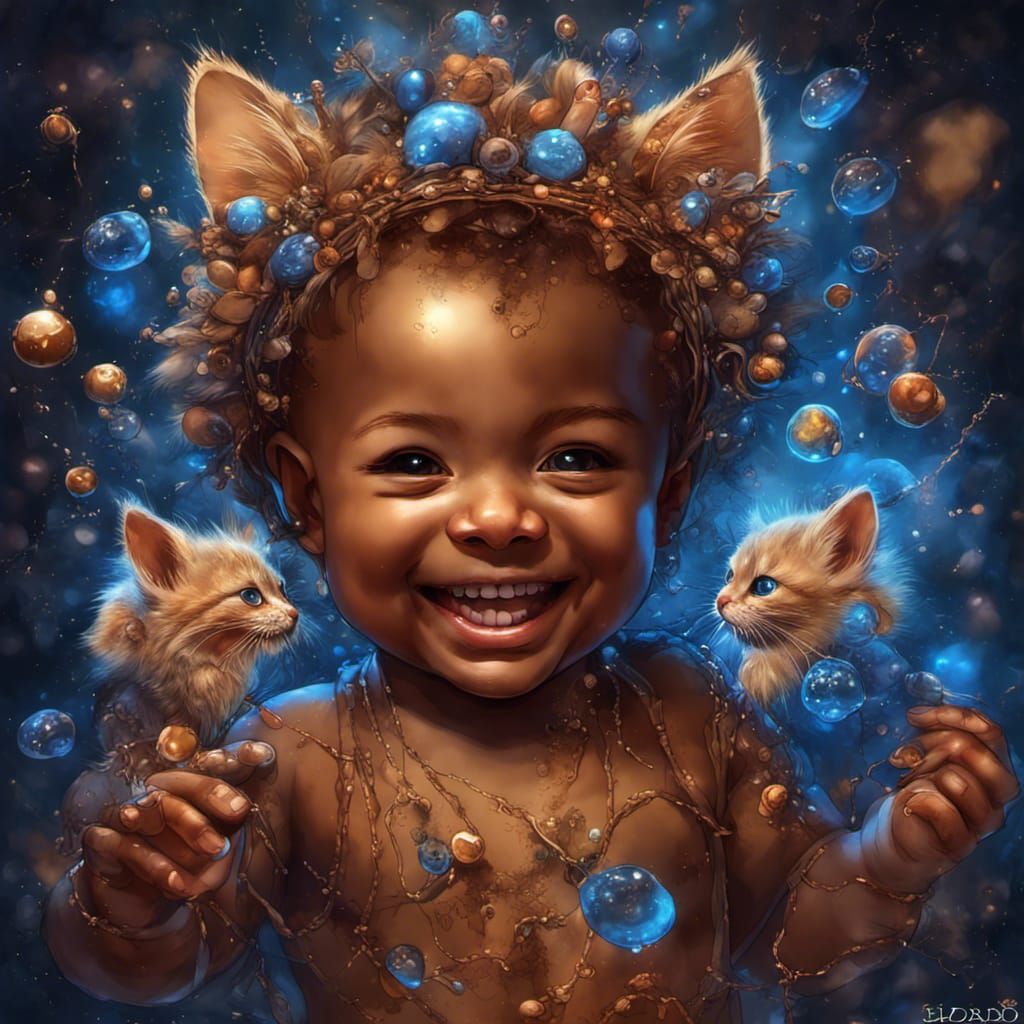 Baby with Kittens in Bioluminescent Fantasy