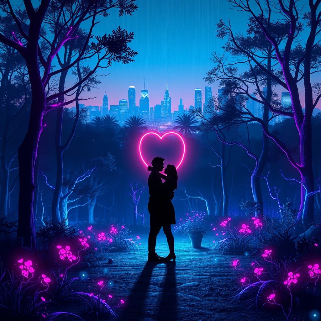 Ethereal Lovers in a Glowing Neon Forest