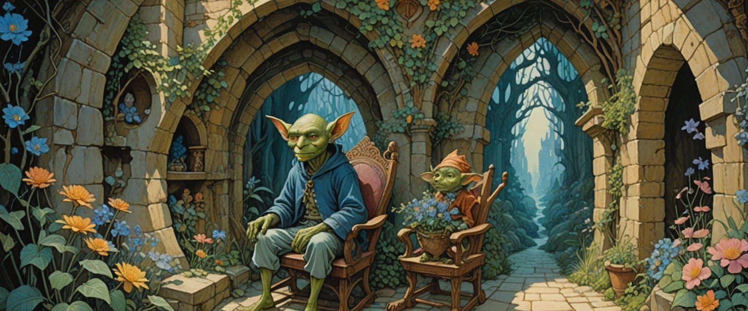 Goblin in Whimsical Passageway: Watercolor and Gouache Fanta...