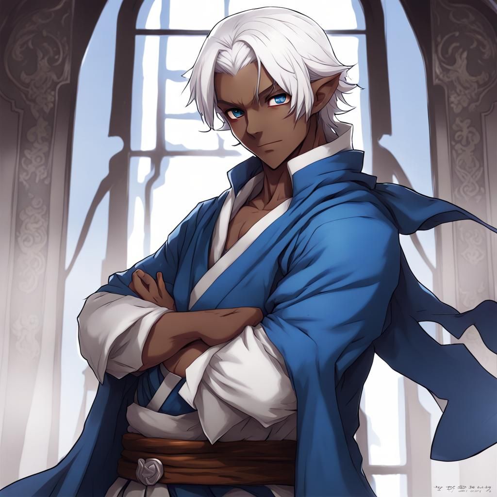 Anime Halfling Rogue with White Hair in Blue Robe