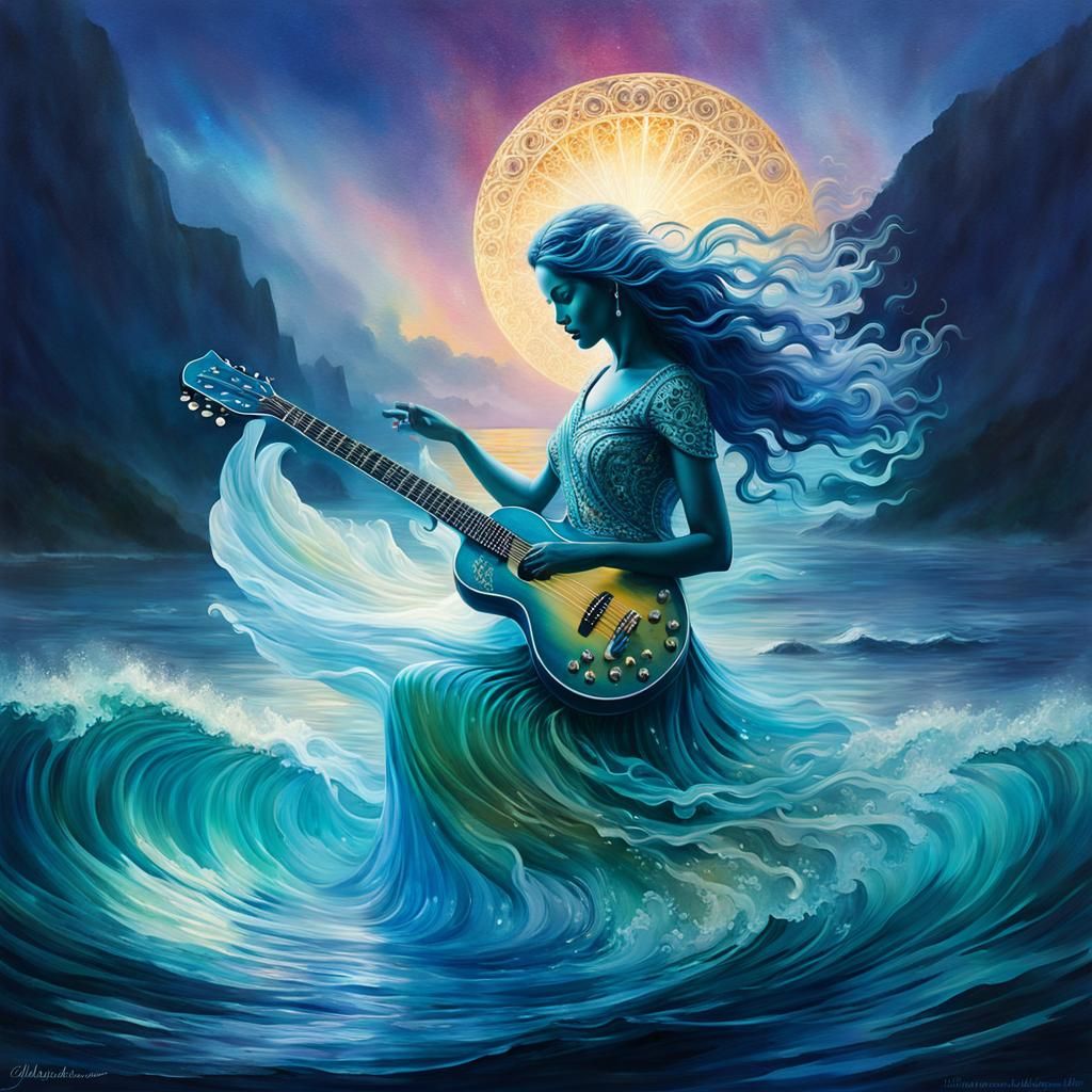 Ocean Goddess Merging with Glass Guitar: Watercolour Art