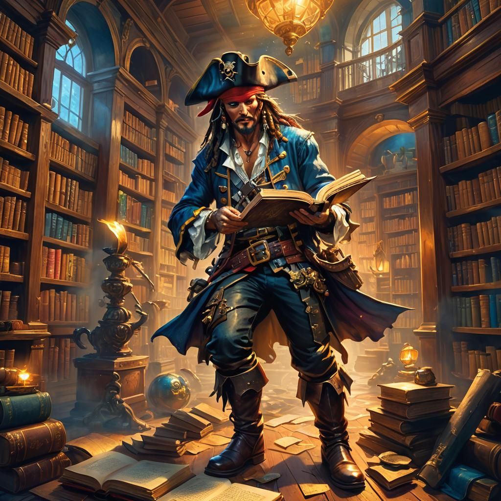 Pirate Emerges from Book: Fantasy Oil Painting
