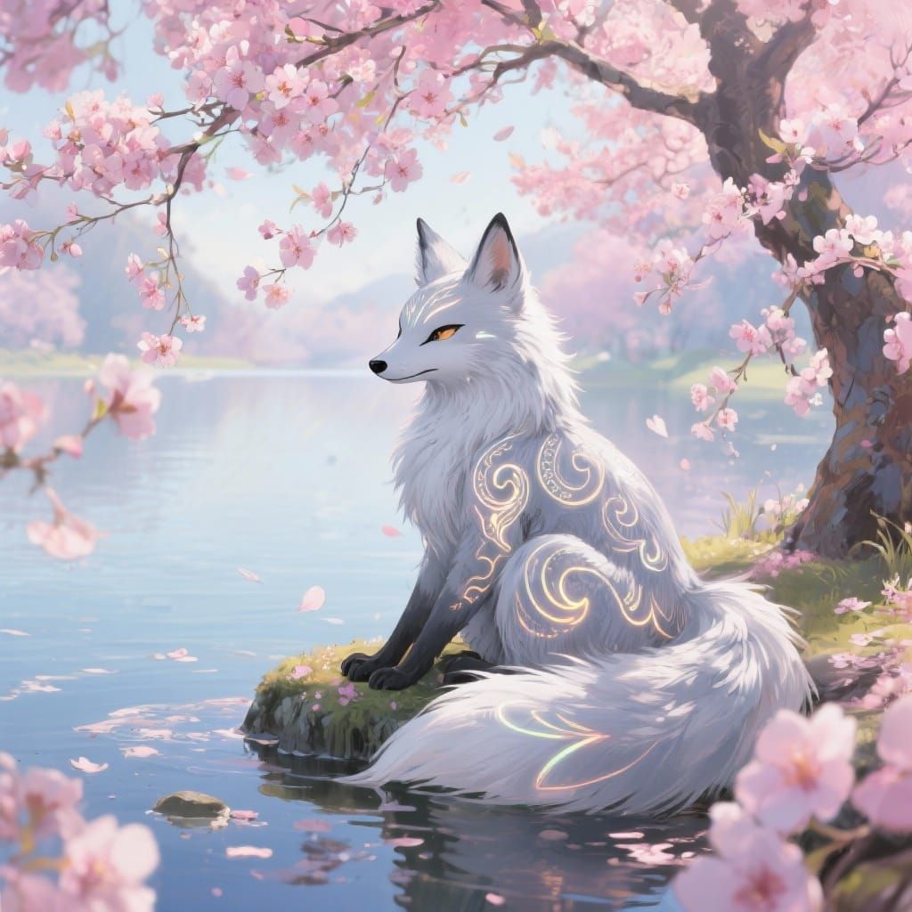 Silver Kitsune at Lake's Edge with Cherry Blossoms