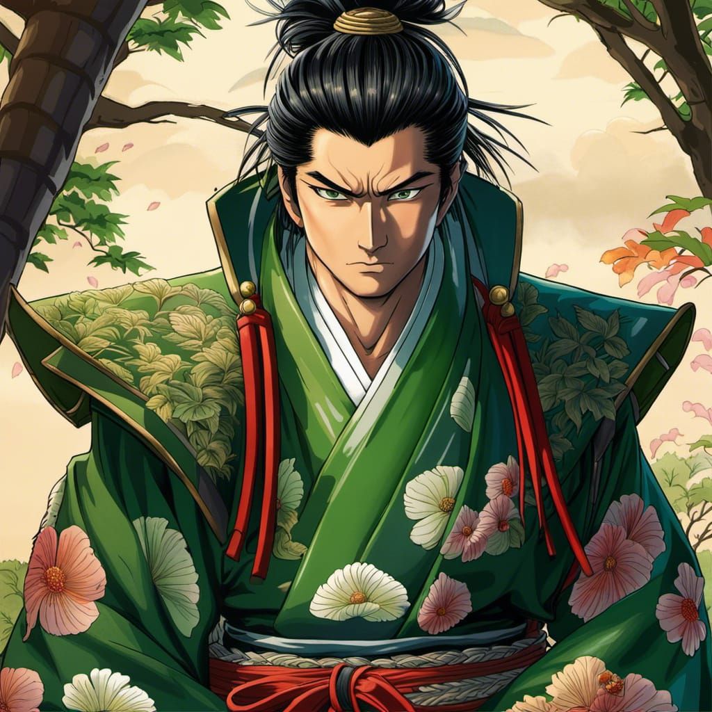 Anime Samurai Portrait in Old Japanese Village