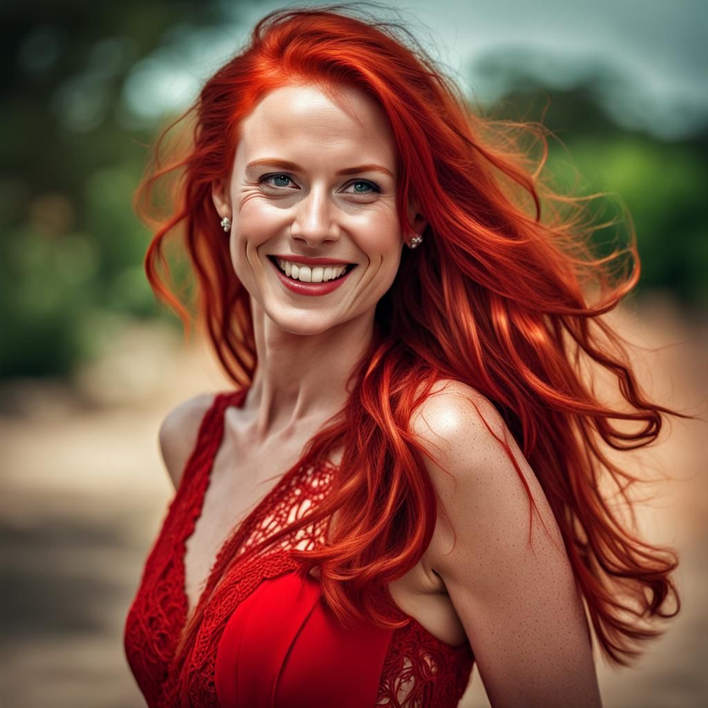 Gorgeous Red-Haired Woman in Red Dress, Hyperrealistic