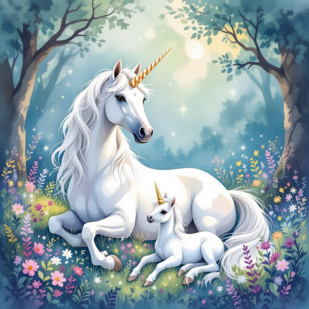 Magical Groom Tends Unicorns in Watercolor Style