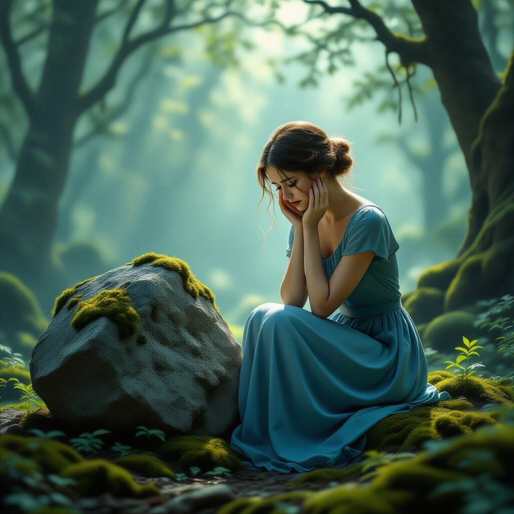 Woman Weeping on Mossy Stone in Misty Forest