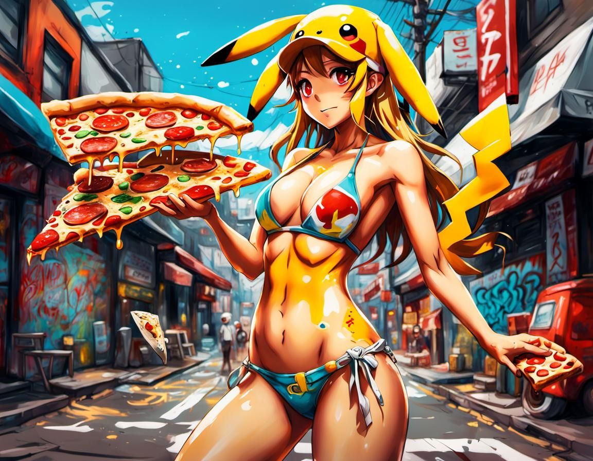 Bikini Graffiti Girl with Pizza, Anime Street Art