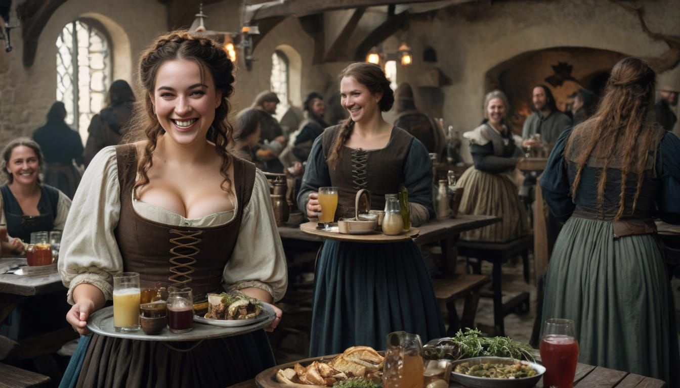 Tavern Wench Serving Drinks in a Medieval Tavern