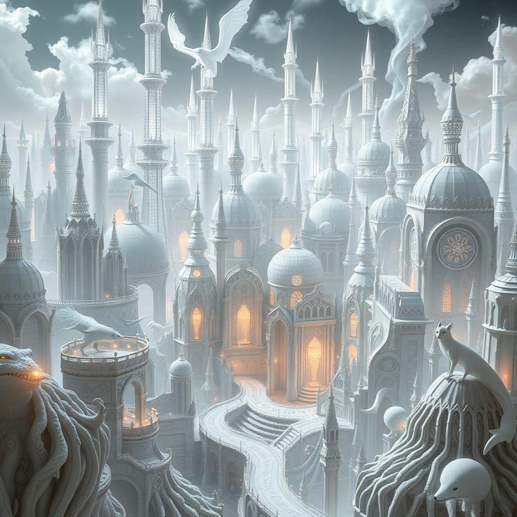 Surreal White Metropolis with Crystal Spires