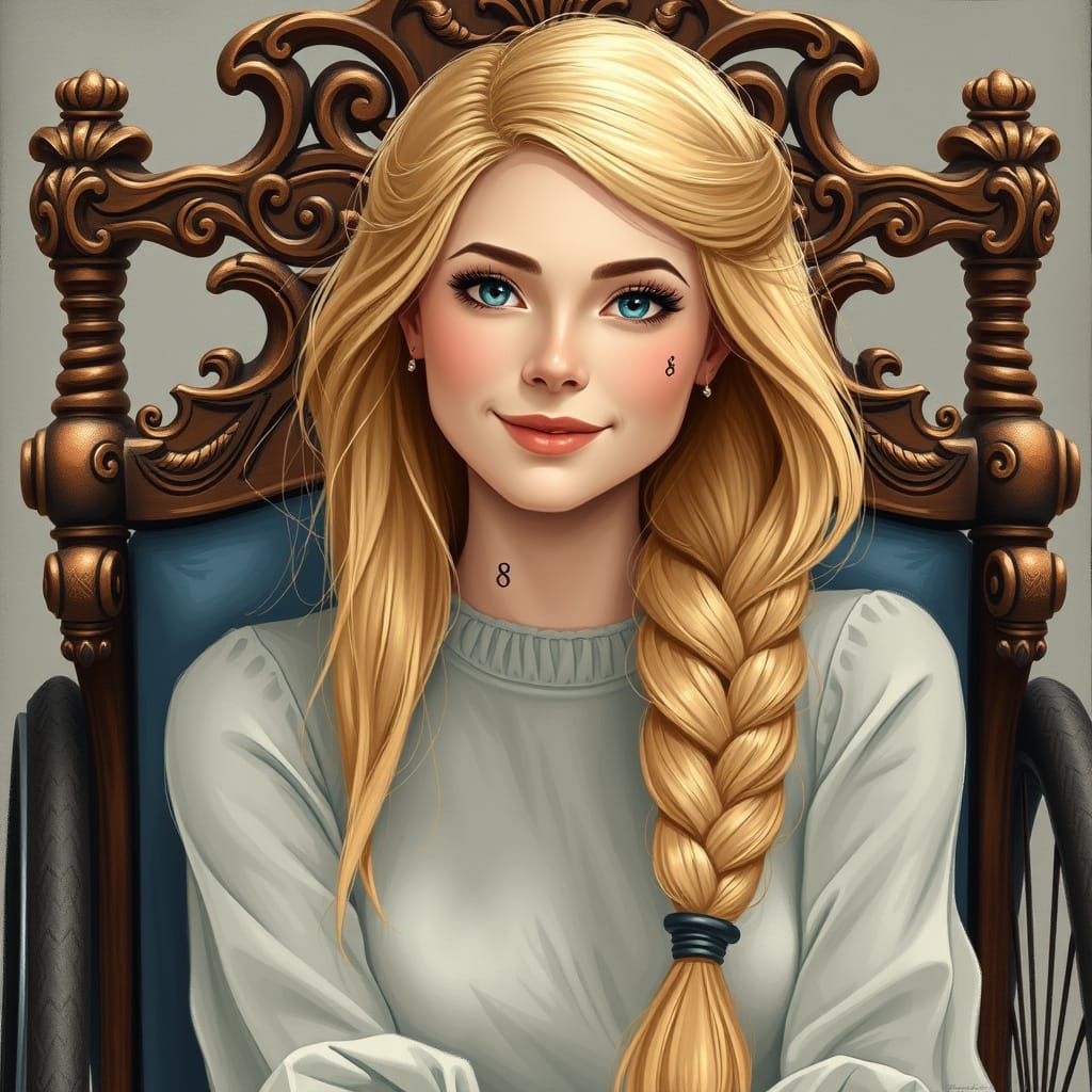 Victorian Lady in Wheelchair with Elegant Braid and Delicate...