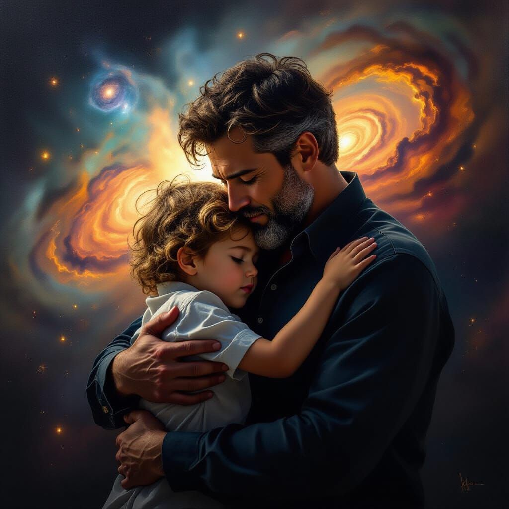 Cosmic Father's Embrace: Oil Painting Style