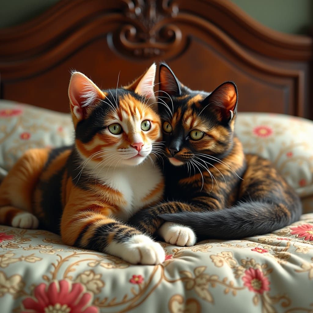 Calico Cat Hugs Tortoiseshell Cat, Art Nouveau Style