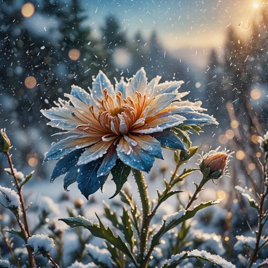 Colorful Flower Amidst Snowflakes: Matte Painting