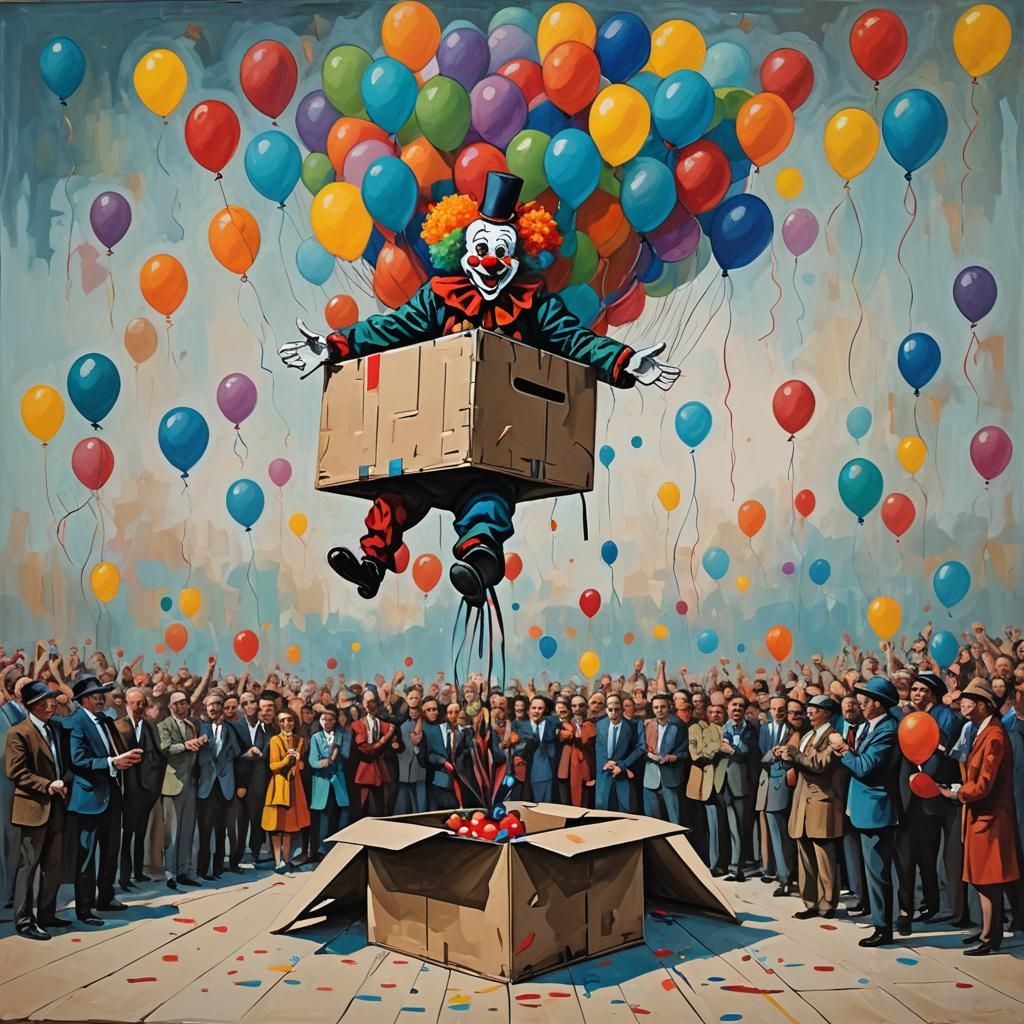 Abstract Clown Ascends on Balloons