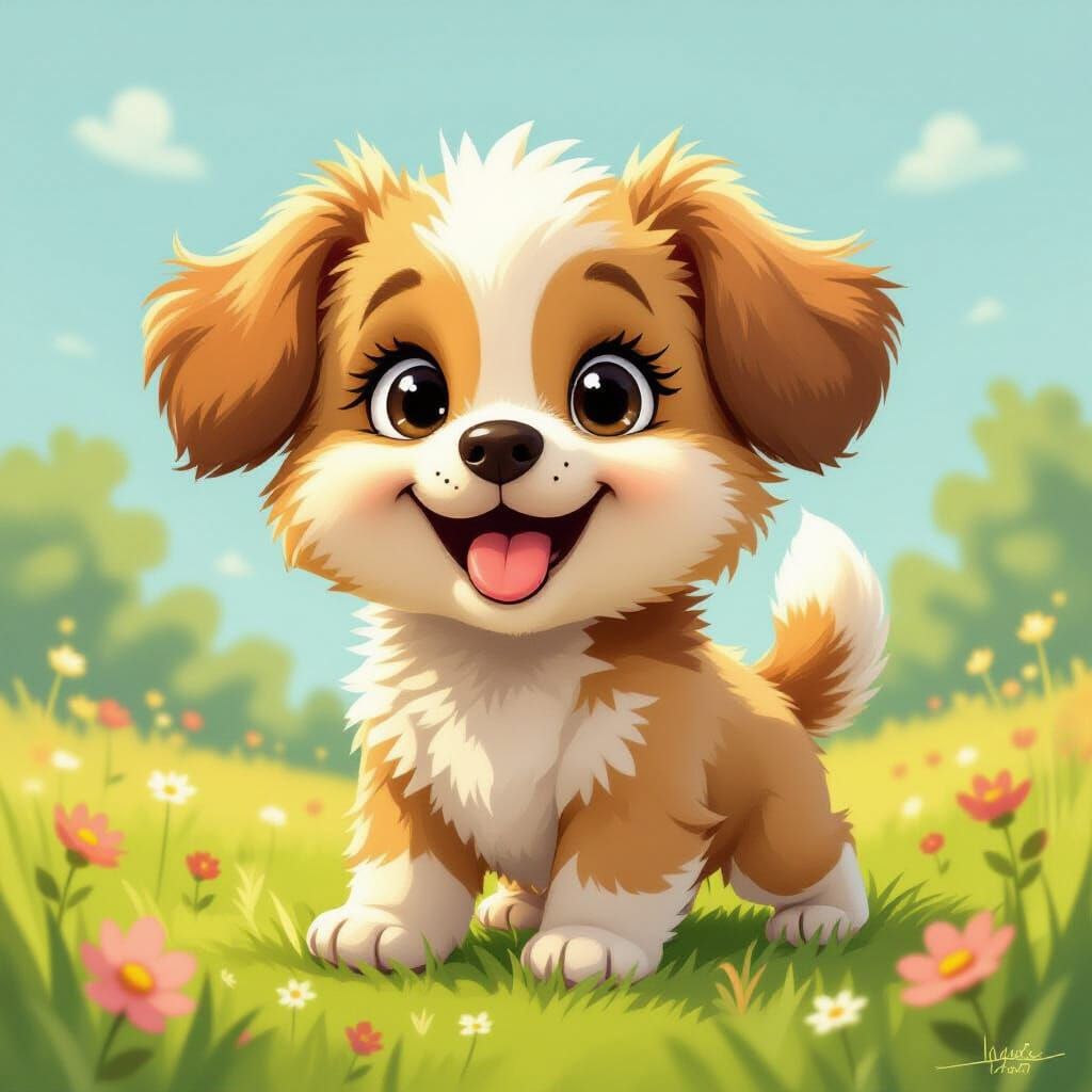 Fluffy Puppy Illustration in Whimsical Cartoon Style