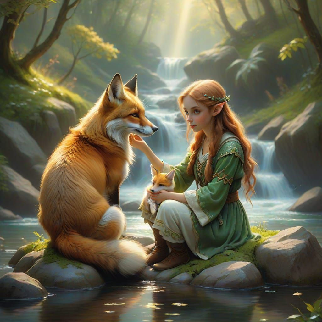 Mystical Elf Girl Connects with Fox Companions in Whimsical ...