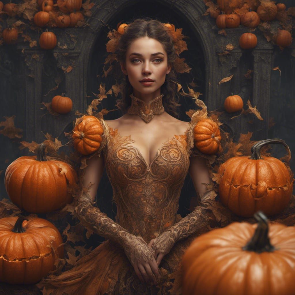 Beautiful woman turning into a pumpkin