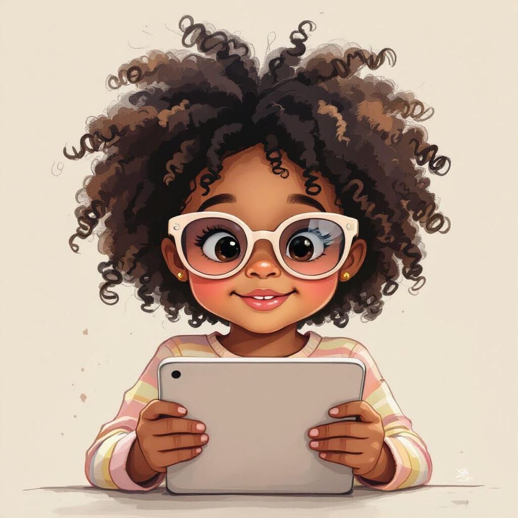 Cute Kid with iPad in Pastel Illustration
