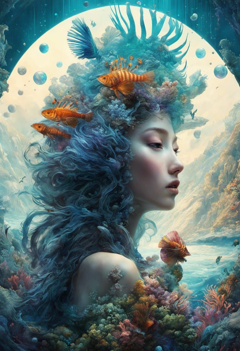 Vibrant Volcano with Underwater Temple in Digital Painting