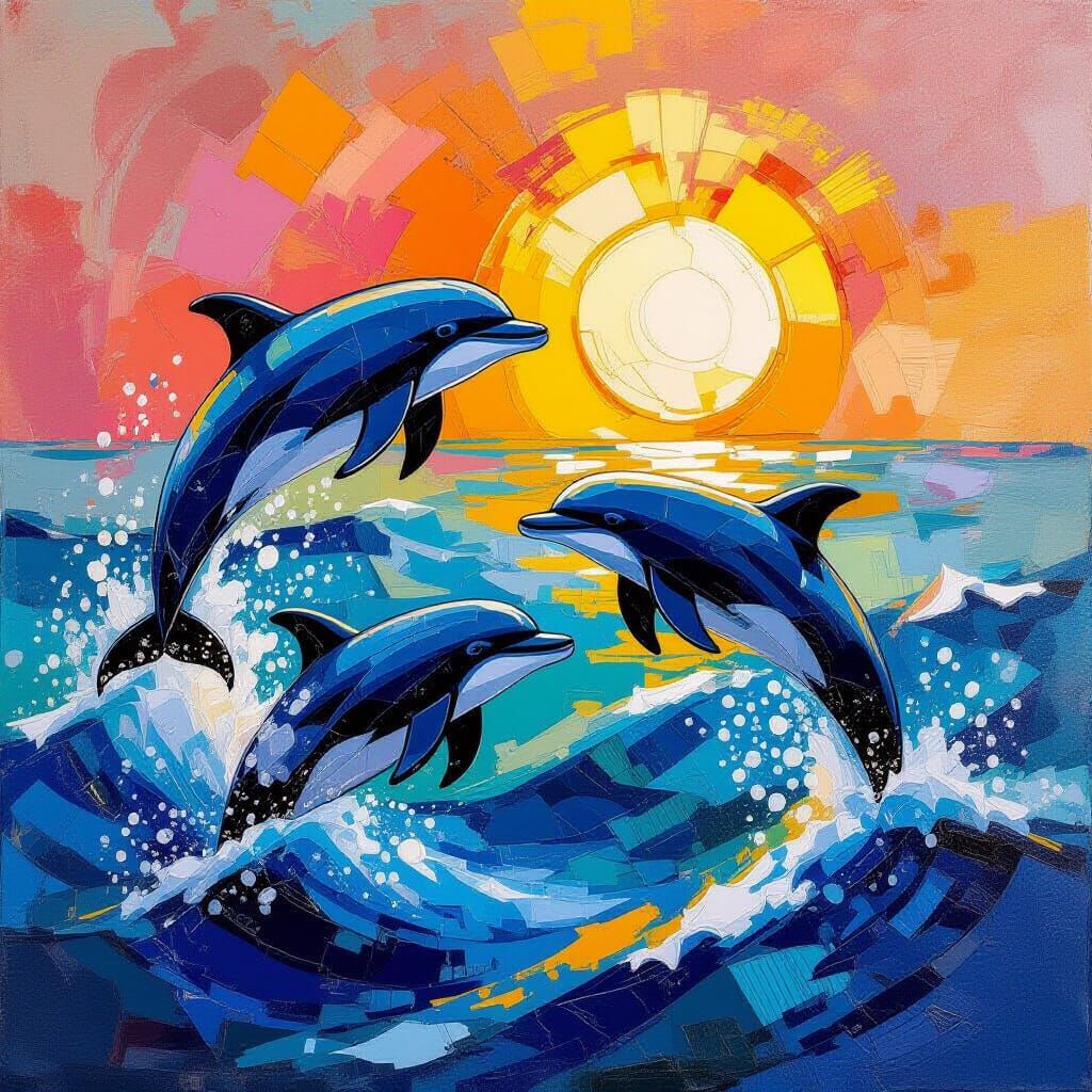Dolphins Leap in Waves Under Rising Sun