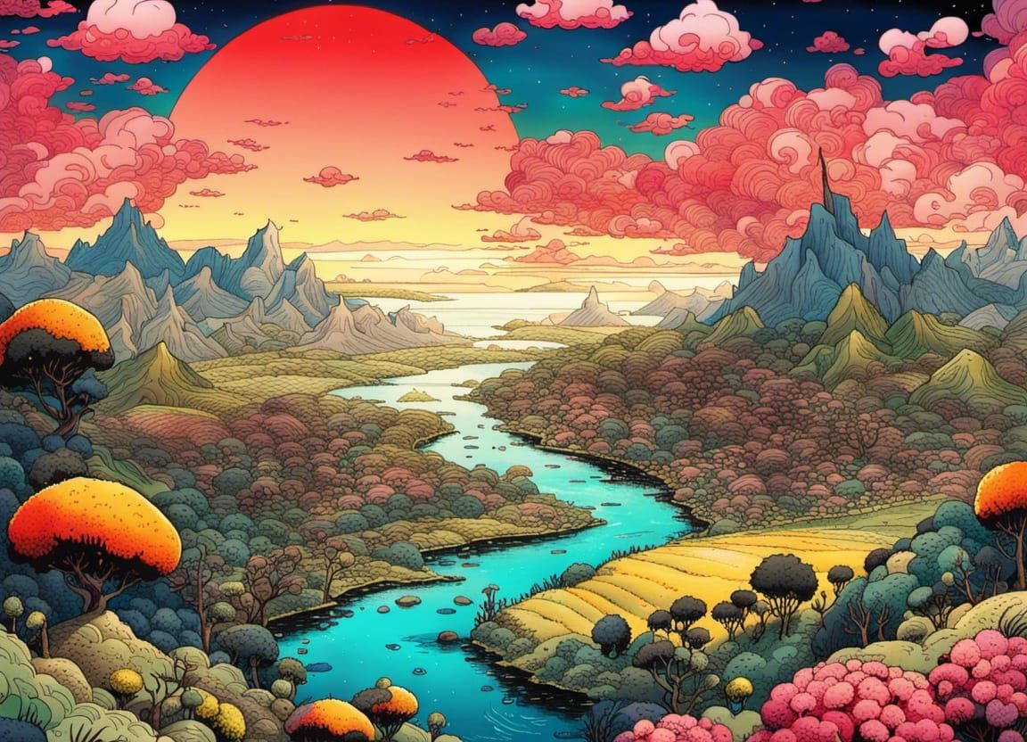 Vibrant Landscape Fusion: Anime Art Deco Sunrise